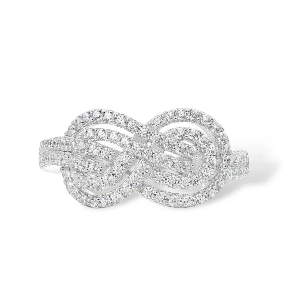 NEW 14K White Gold Plated Cubic Zirconia Pave Infinity Knot Ring Sz. 8